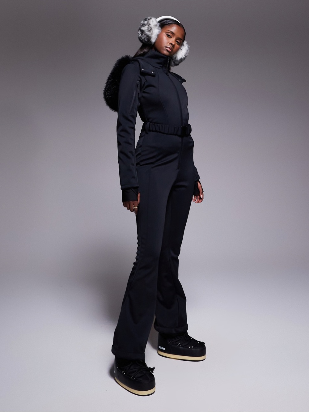 NWOT ASOS 4505 Ski Soft Shell Belted Ski Suit w/Faux Fur Hood in Black|Sz 0